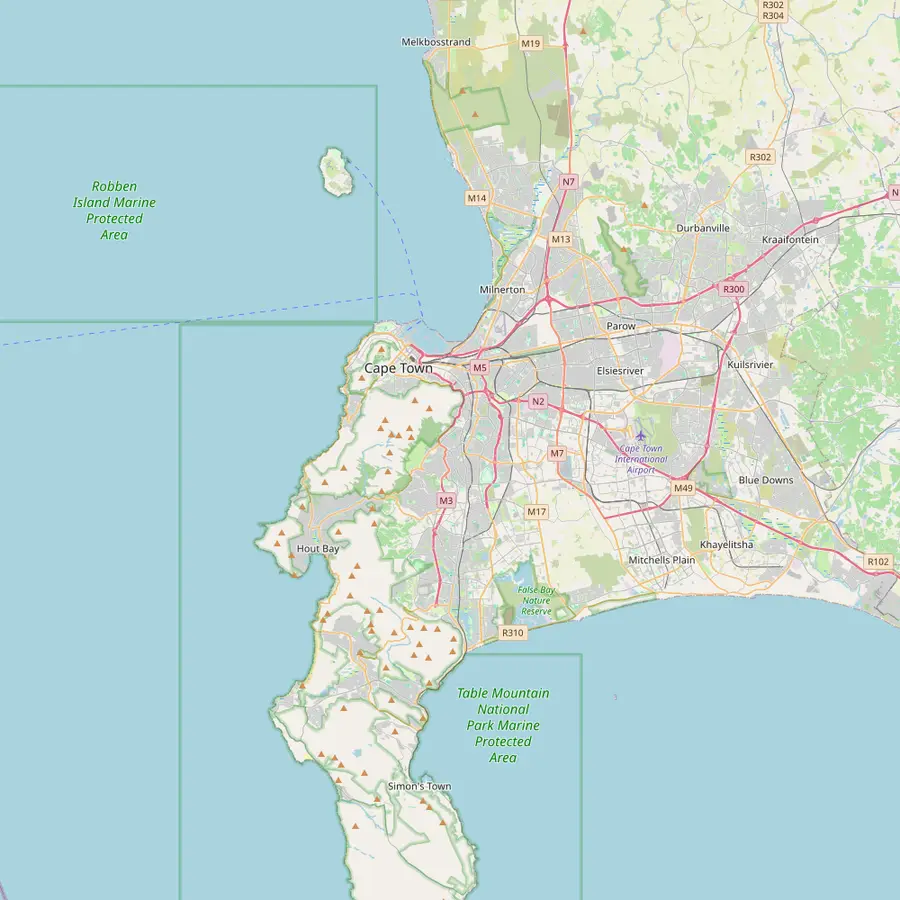 Map of Cape Town with the V&A Waterfront, the Old Biscuit Mill, Camps Bay, Hout Bay, Gugulethu and Groot Constantia