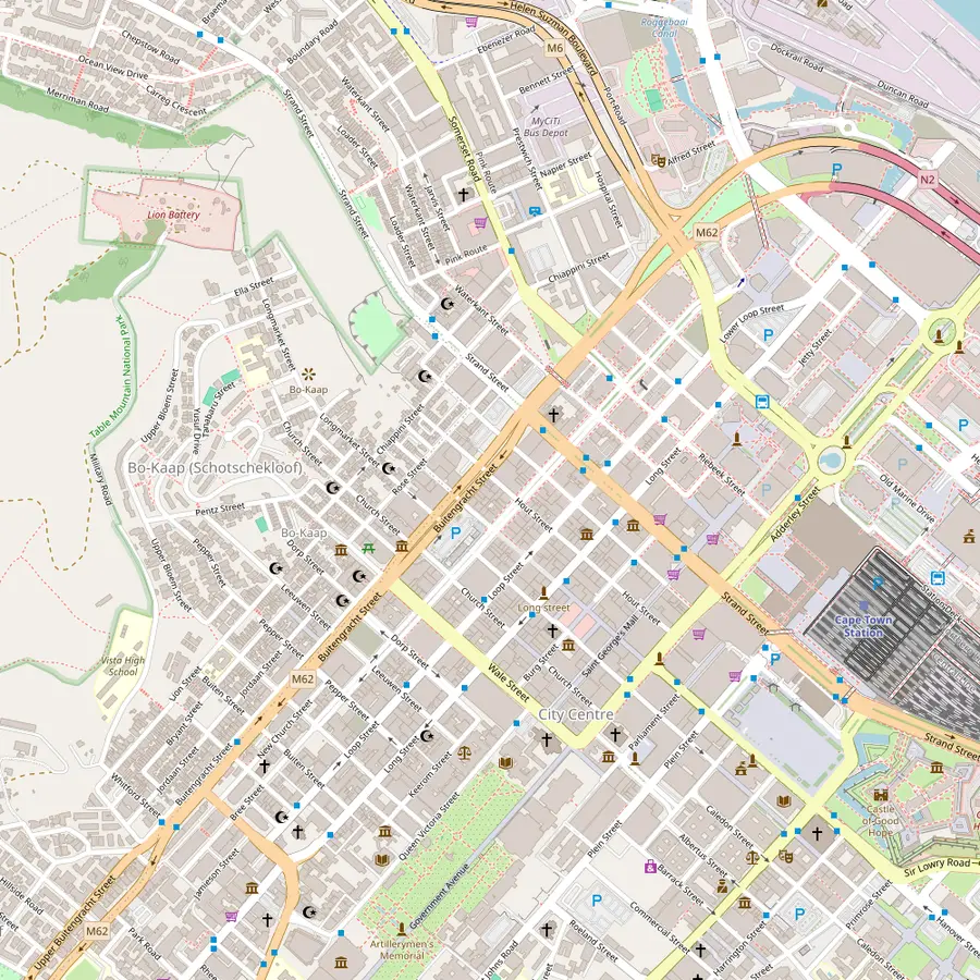 Map of the Bo-Kaap and Cape Town city centre with the Bo-Kaap Museum, the Auwal Mosque, Greenmarket Square, Church Square and De Waterkant