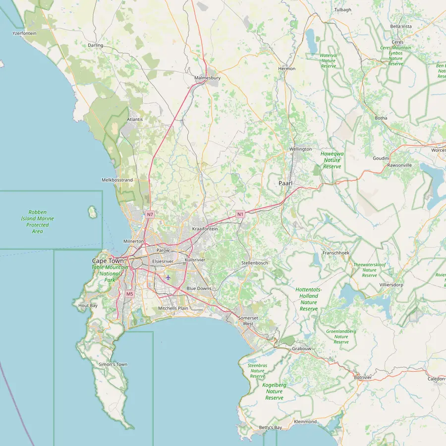 Map of Cape Town and the wine towns of Stellenbosch, Franschhoek and Paarl